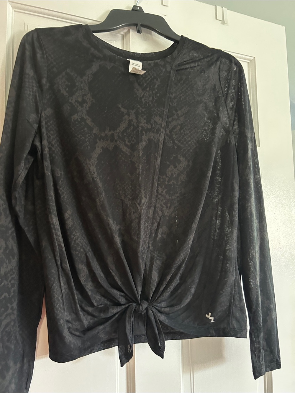 JoyLab Black Long-Sleeve Tie-Front Top with Subtle Snake Print